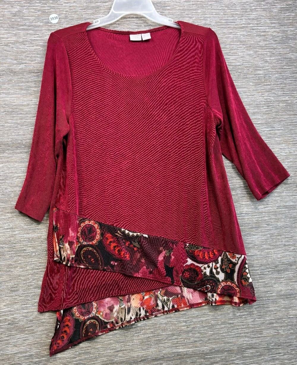 Chico's Travelers Classic Print Asymmetric Hem 3/4 Sleeve Size 3 US XL Burgundy
